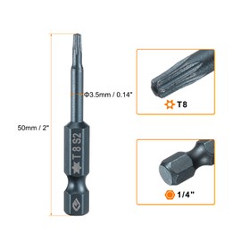 HARFINGTON T8 Torx Screwdriver Bit 1/4" Hex Shank 2" Long S2 Steel Magnetic 6 Point Screw Driver Bits Industrial Grade Tamper Proof Star Drill Bits with Hole Torx Head
