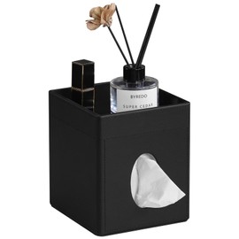 Cretkhp Cretkhp Tissue Box Cover, PU Leather Square Tissue Box Holder with Storage Tray for Bathroom Vanity Countertop Night Stands Bedroom Office Desk, Stylish Tissue Holder Decorative Organizer (Black)