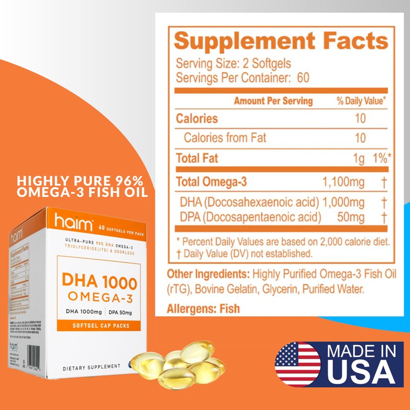 HAIM DHA 1000 Omega-3 Fish Oil - 90% Purity with