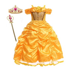 Manamana Beauty and the Beast Belle Children's Dress, Princess Dress, Tiara, Stick, 3-Piece Set, Kids Costume, Yellow, Girls, 47.2 inches (120 cm), 47.2 inches (120 cm), 47.2 inches (120 cm)