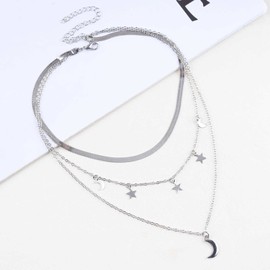 Inilbran Boho Layered Moon Necklace Vintage Tassel Star Necklace Silver Snake Chain Necklace Multilayer Star Crescent Moon Necklace Jewellery for Women and Girls