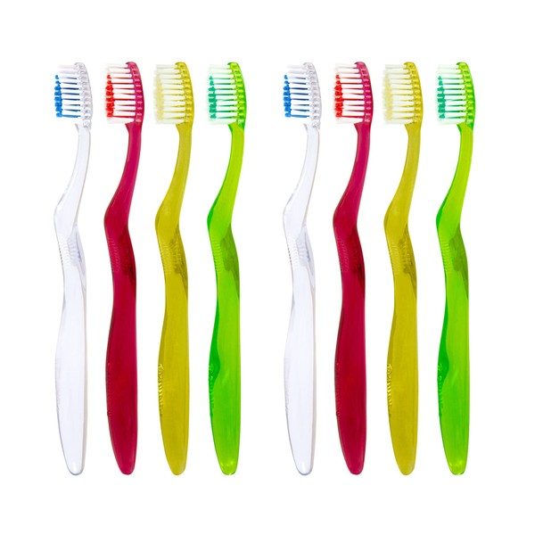Shield Care Clarity Expert Manual Toothbrush for Sensitive Gums and Strong Teeth, Made with Food Material, Medium Bristles (Red, Green, Yellow, White) 8 Count (Pack of 1)
