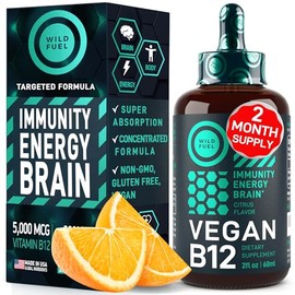 WILD FUEL- “Gotas Líquidas Veganas de Vitamina B12 Acción Rápida 60 x 5000mcg Suplemento de Metilcobalamina B12 Energético,