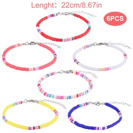KINBOM 6pcs Bohemian Anklet, Adjustable Soft Pottery Flat Bead Anklets Bracelets Stylish Beaded Colorful Boho Ankle Bracelets String Foot Chain for Women Girls (6 Colors)