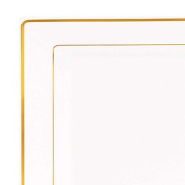 Kaya White Gold-Rimmed Square Edge Plates, 9.5" (10-Pack) - Elegant Disposable Plastic Dinner Plates, Perfect for Events, Parties, and Celebrations