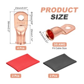 MECCANIXITY 4 Pcs Battery Cable Ends 3/0 AWG 3/8 Inch Tubular Ring Terminals Closed End Crimp Connectors Bare Copper Eyelet with Heat Shrink Tubing