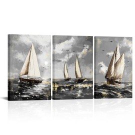 LyerArtork 3 Pieces Nautical Sailboat Wall Art Canvas Prints Black and Golden Sea Boat Pictures Modern Ocean Coastal Artwork Wall Decor for Living Room Bedroom Bathroom 16"x24"x3