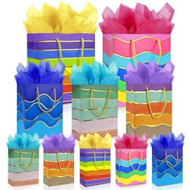 MUMULULU 10 Pack Gift Bags Assorted Sizes and Designs Gift Bags with Handle and Tissue Paper Birthday Gift Bags Rainbow Gift Bags for Birthday Party Baby Shower Wedding Holiday Presents