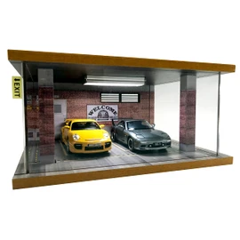 1/24 Scale Die-cast Car Garage Display Case with Clear Acrylic Cover and LED Lighting for 2 Parking Space (Route 66)