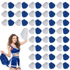 60 Pcs Cheerleading Pom Poms Cheer Pom Poms Fun Pom Poms Metallic Foil Pom Poms Cheerleading Poms with Plastic Handles for Cheering Squad Team Spirited Sports Dance(Blue, White)