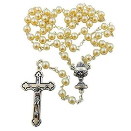 Westman Works First Communion Rosary for Girl's White Glass Beads with Metal Crucifix & Center