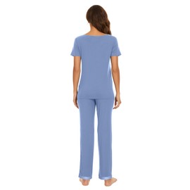 WiWi Womens Viscose from Bamboo Pajamas Set Short Sleeve Top with Pants Pjs Soft V Neck Sleepwear Lightweight S-3X, Fog Blue, Large