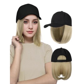 Women's Summer Baseball Hat Wig Short Straight Bob Hairstyle Caps with Hair Attached Synthetic Highlight Cap Hair Extensions Adjustable Baseball Cap Wig for Daily Use Bleach Blonde