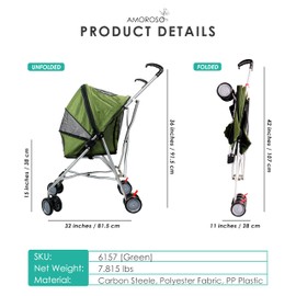 AmorosO Pet Stroller | Dog Stroller & Cat Stroller Polyester, Heavy Duty & Folding Pet Stroller for Travel | Mesh Viewing Window | Water-Proof and Stain-Proof | Indoor & Outdoor | Green