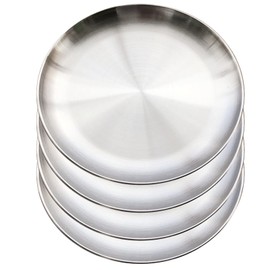 XIACIBDUS 4PCS Stainless Steel Dinner Plates, Round Serving Platter for Camping Barbecue and Baking, Non Toxic Healthy Serving Dishes and Dishwasher Safe (20cm)