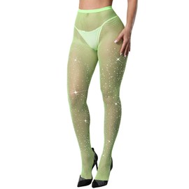 CHRLEISURE Women's Sparkle Rhinestone Fishnets, Sexy Sparkly Glitter Party Concert Outfit Fishnet Stockings (Green)