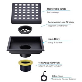 Square Shower Drain 4 inch, Nicmondo Point Center Floor Waste Drain with Removable Grate Cover, Stainless Steel 11cm x 11cm, Matte Black