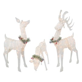 3-Piece Lighted Deer Family with Garland - 210 UL Lights - Outdoor Christmas Yard Decoration, White 52" Buck, 44" Doe, 28" Fawn