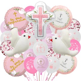 58 Pieces First Communion Decorations White Dove Cross Printed Latex Balloons Baptism Foil Balloons – God Bless You for Pink Theme Baby Shower, Religious Party Supplies