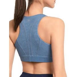 Yvette Denim-Colored High Impact Sports Bras for Women Zip Front Full Support for Large Bust, Light Blue Denim, XL