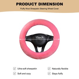 MUQIDA Fluffy Car Steering Wheel Cover, 15 Inch Soft Warm Plush Anti-Slip Furry Wheel Protector, Universal Fuzzy Comfortable Steering Wheel Covers for Winter, Car Accessories (Pink)