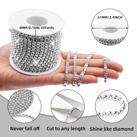 10 Yards 4MM SS16 Silver Rhinestone Chain Trim for Sewing,Crystal Ribbon Strips Close Bling Cup Chain,DIY Crafts,Jewelry,Clothing,Crocs,Cups,Wedding Bouquet Deco Decoration