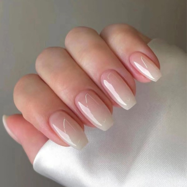 ANDGING Ombre White Press on Nails Coffin Short Medium Pink