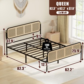 VOPEAK Rattan Bed Frame Queen Size with Headboard, Boho Bed Frame, Queen Bed Frame with Strong Metal Slats Support, Easy Assembly Mattress Foundation, Noise Free, No Box Spring Needed, Black