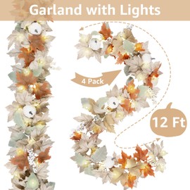 Neutral Fall Garland for Mantle Fireplace - 4 Pack 12Ft Outdoor Autumn Leaves Decor for Home Front Door with Pumpkins Indoor Maple for Farmhouse Table Stairs Porch Halloween Thanksgiving Decorations