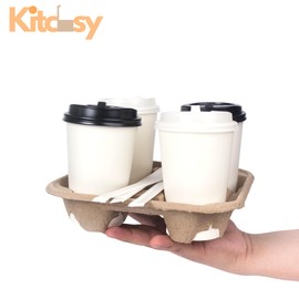 Kitchsy 4-Cup Disposable Drink Carrier Tray - Biodegradable & Compostable Cup Holder for Hot/Cold Beverages - Ideal for Food Delivery Service, Cafes, Restaurants (75)