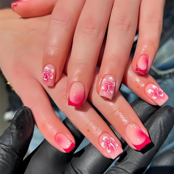 BABALAL Press on Nails Short Square Fake Nails Hot Pink