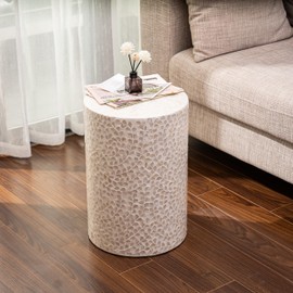 PEMAR Capiz Shell Cylinder Drum End Table Nacre Capiz Shell Side Table Stool Drum Accent Coffee Bedside Round Nightstand and Vanity Stool (White Cream Floral Vine Pattern)