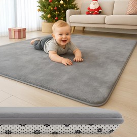 LANSBER 50X 50 Thick Padded Baby Floor Play Mat 1.2" Cushioned Velvet Surface Non Slip Bottom High Density Foam Safe and Soft Floor Mat for Infants Toddlers and Playpen Use,Gray