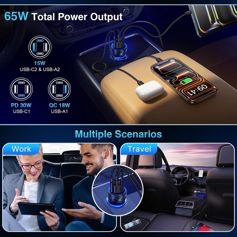 3-Pack Car Charger,4-Port 65W PD+QC 3.0 Car Charger USB C