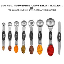 Measuring Spoons with Strong Magnets, Set of 8 Stainless Steel Measuring Spoons with Leveler, Double-Ended Metal Teaspoon and Tablespoon for Dry and Liquid Ingredients (Black)