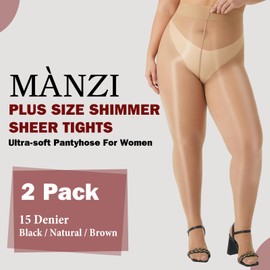 MANZI Women's Plus Size Shimmer Glossy Sheer Tights Seamless Shiny Silk reflections Footed Pantyhose Oil Pearlescent Stockings with Control Top Ultra Shimmery High Waist Nylons(Natural,XL-XXL)