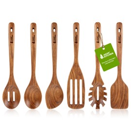 AIUHI Wooden Utensils Set of 6, Teak Wood Kitchen Utensils Set for Non-stick Cookware, Non-Toxic Wooden Spoons for Cooking-Durable, Comfortable Grip & Heat Resistant