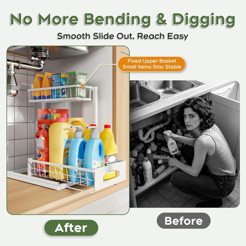 Under Sink Organizer, 2 Pack Cabinet Organizer for Kitchen, Height