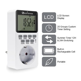 KETOTEK Digital Plug in Timer Socket 20 On/Off Programmable Timer Switch Countdown Energy Saving Timer Socket (AC 220 V 16 A 3600 W)