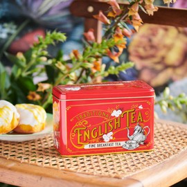 New English Teas Vintage Victorian Tea Tin in Berry-Red with 40 English Breakfast Teabags