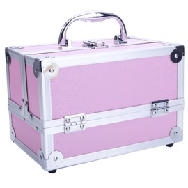 9"x6"x6" Makeup Organizer Aluminum Makeup Train Case Jewelry Box Cosmetic Organizer with Mirror, and Locks (Pink)