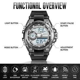 PINIDOUS Men's Watches for Men Sports Outdoor Waterproof Military Watch Analog Digital Display Tactics Watch with LED Alarm Stopwatch Hourly Chime Multi-Function Wrist Watches