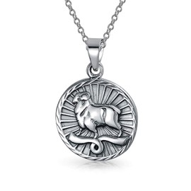 Aries Zodiac Sign Astrology Horoscope Round Medallion Pendant For Men Women Necklace Antiqued Sterling Silver