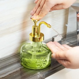 SEICASAYA Cute Mini Glass Soap Dispenser with Pump, 6oz Vintage Gothic Style, Colored Thick Glass, for Bathroom or Vanity Decor (Green)