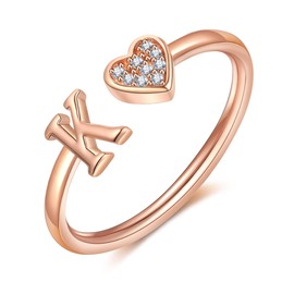 FUNEIA Heart Ring with Letters Women Gold Silver Rose Gold Adjustable Initial A-Z Zirconia Finger Ring Stacking Ring Waterproof Letter Ring Jewellery Girls Gift Box, Non-precious metal