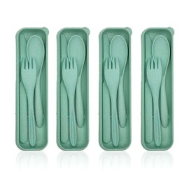EcoGreen® - 4 Sets de Cubiertos fabricados de paja de trigo, incluye: Cuchara, tenedor y cuchillo, cubiertos de viaje u oficina, 100% biodegradables y