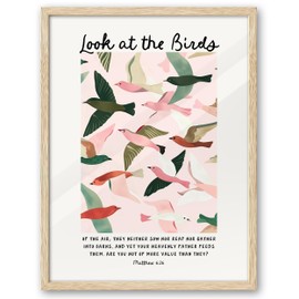 EcoHest Large 16x20in OAK Wood Framed Wall Art, Look at the Birds of the Air Bible Verse Matthew 6, Christian Scripture Modern Canvas Wall Decor for Bedroom Living Bathroom Religious Gift 1 Pack
