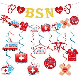 Nurse Graduation Party Decoration,BSN Glitter Congrats Nurse Banner Garland Ceiling Hanging Swirl Streamers Photo Booth Props for Nursing School RN Nurses Day Congrats Grad Graduation Party Supplies