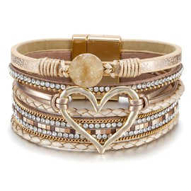 Nurhore Boho Gold Heart Leather Braided Wrap Bracelet, Cream Yellow Multilayer Clasp Cuff Bangle, Boho Jewellery for Women, Perfect Birthday Gifts for Women & Girl