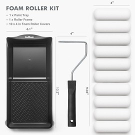 ACEBON 4 Inch Foam Lackierset 10 x Schaumwalze 10,2 cm fein winkelwalze, 1 x Farbroller Bügel, 1 x Farbwanne, Lackierrolle Schaumstoff Rollen für Türen, Möbel, Kreidefarbe & Glatte Flächen